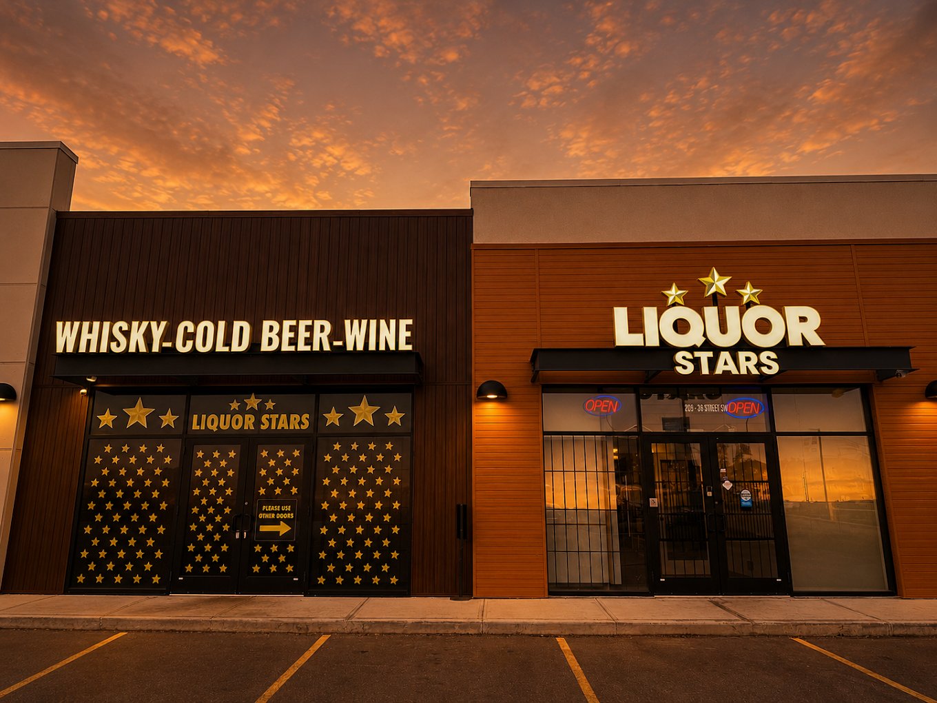 Liquor Stars Edmonton exterior at sunset