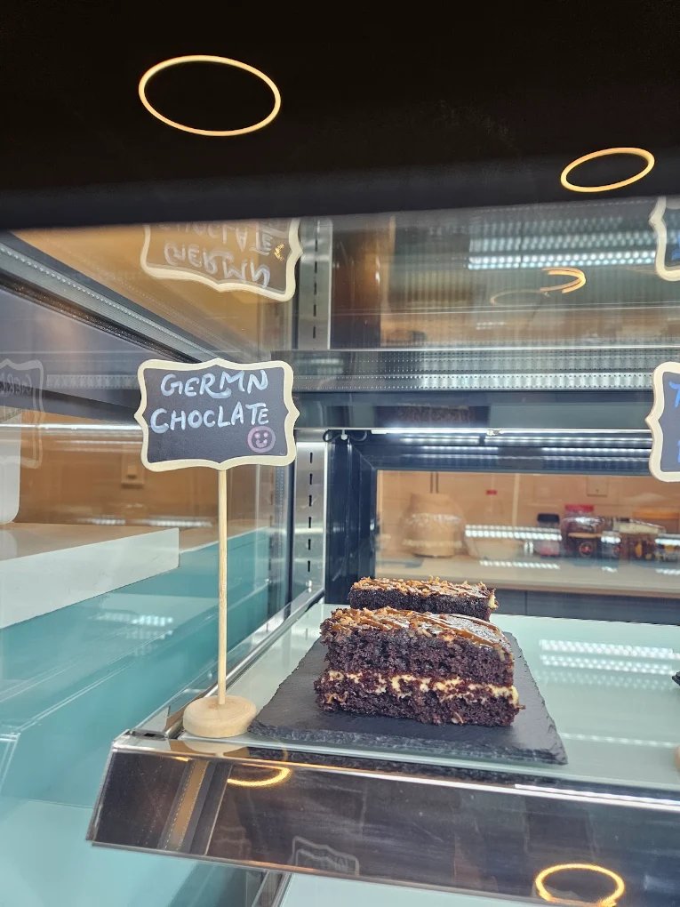 German chocolate cake slice in the display case