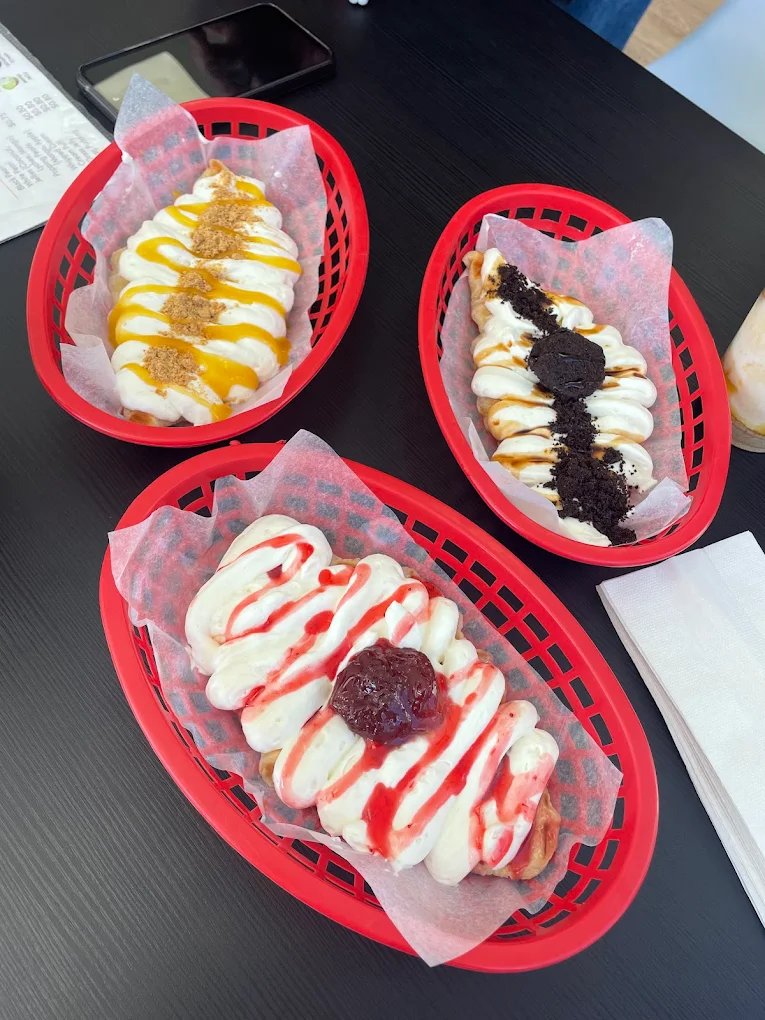 Creamy dessert snacks in red baskets