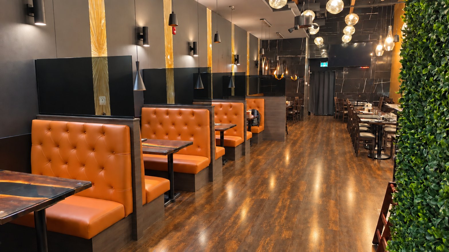 Restaurant booths and overhead lighting