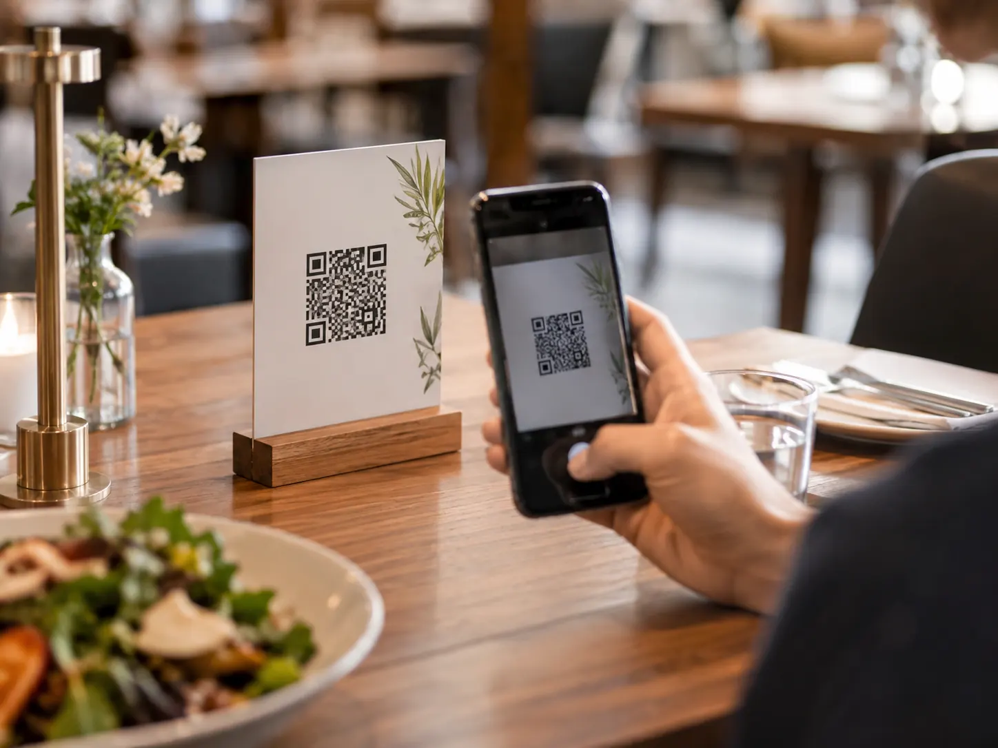 Diner scanning a restaurant table QR code with a phone