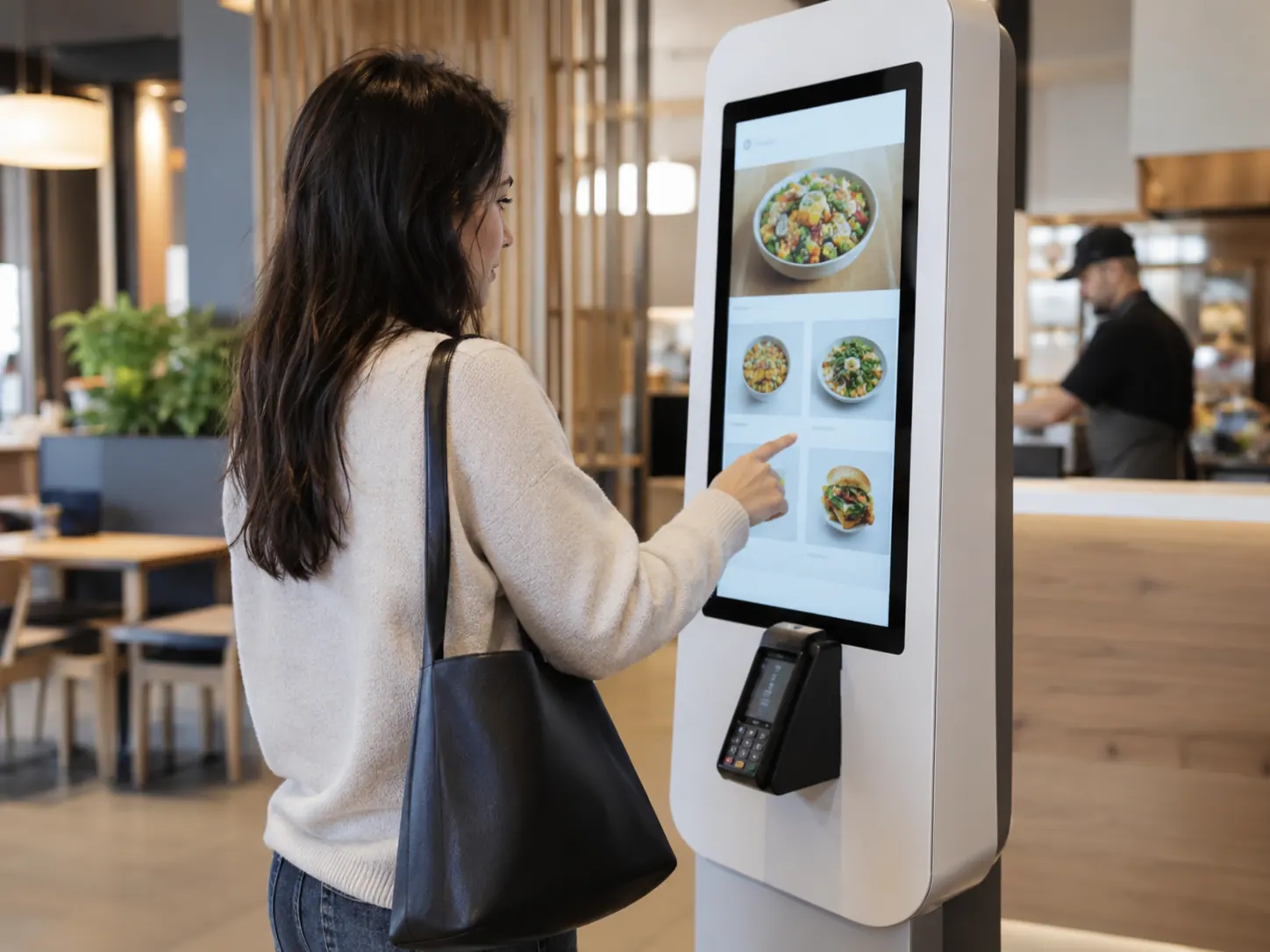 Customer using a self-service ordering kiosk