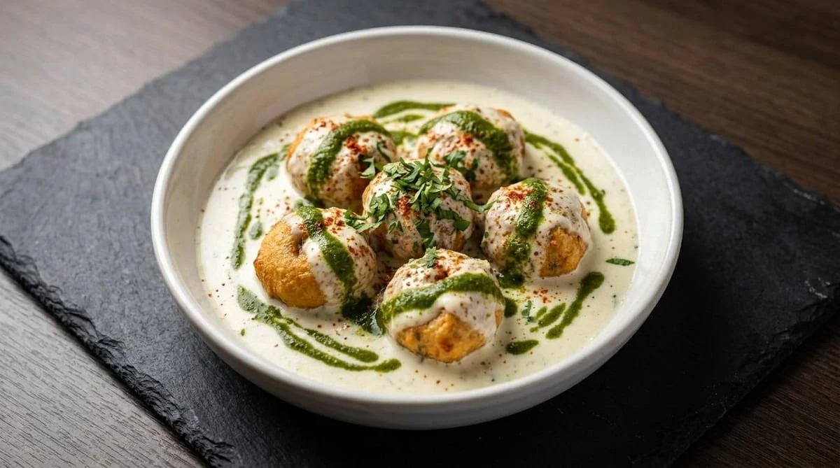 Chaat topped with yogurt, green chutney and spices