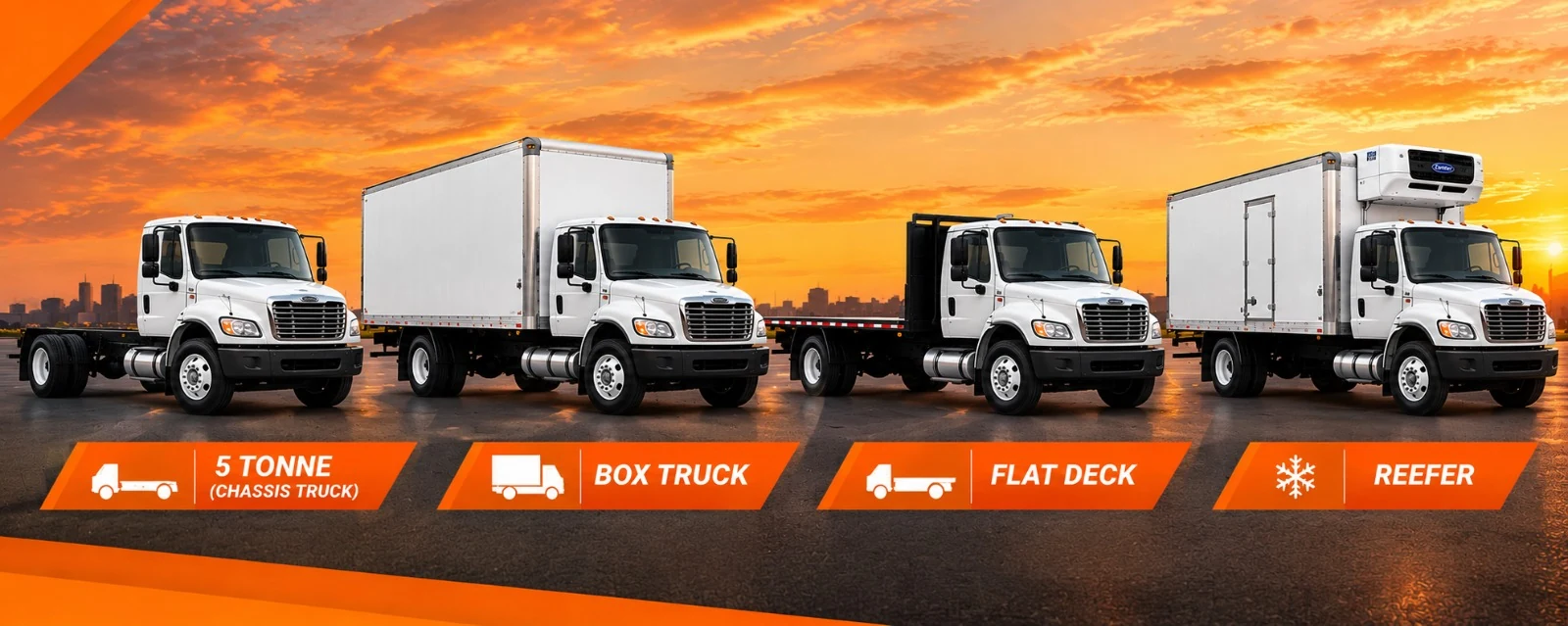PB TruckSales selection of a five-tonne chassis truck, box truck, flat deck and reefer truck against an orange sunset