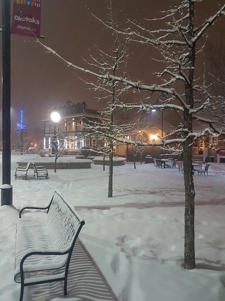 Snowy Okotoks evening scene