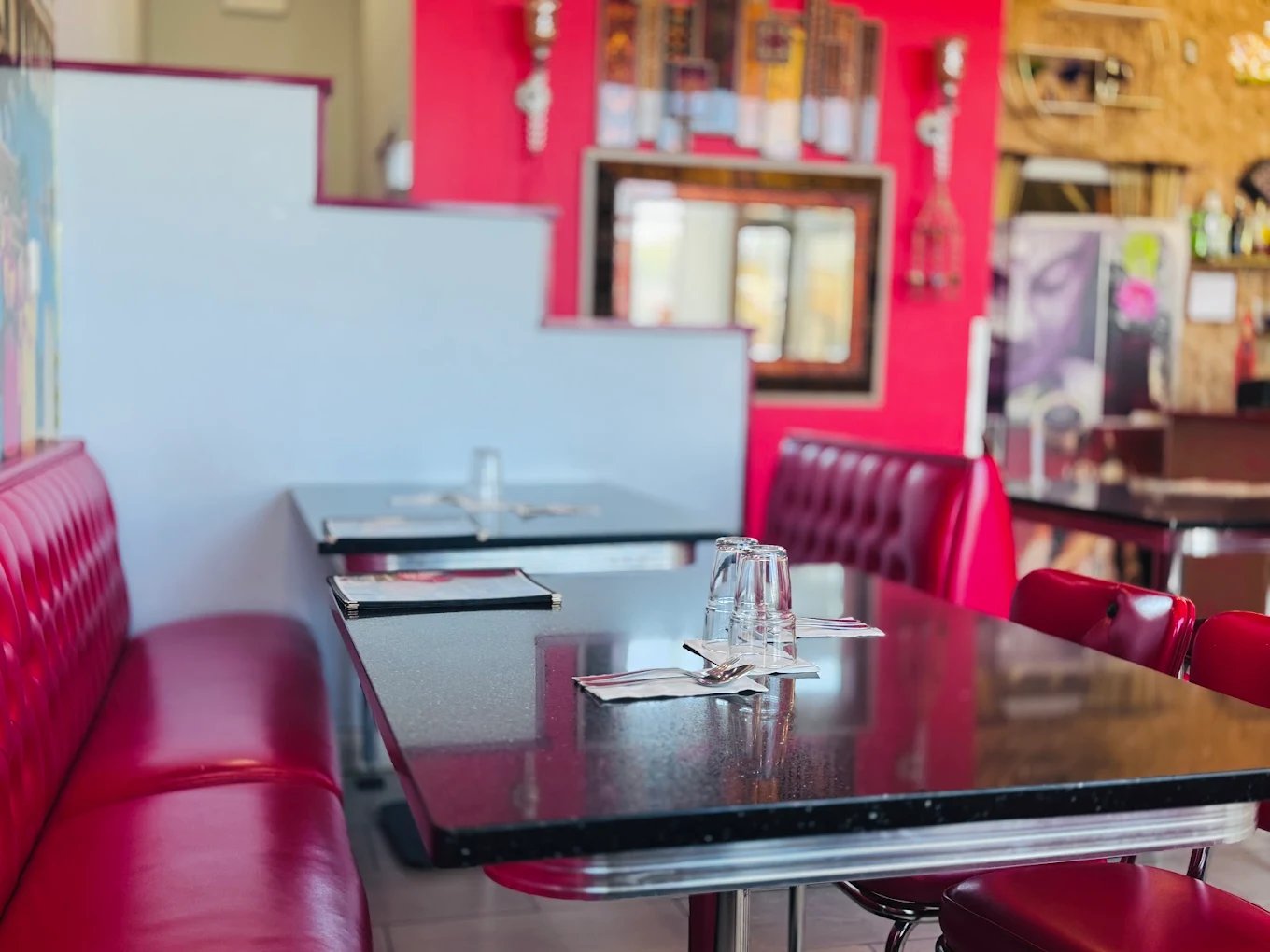 Red booth dining area