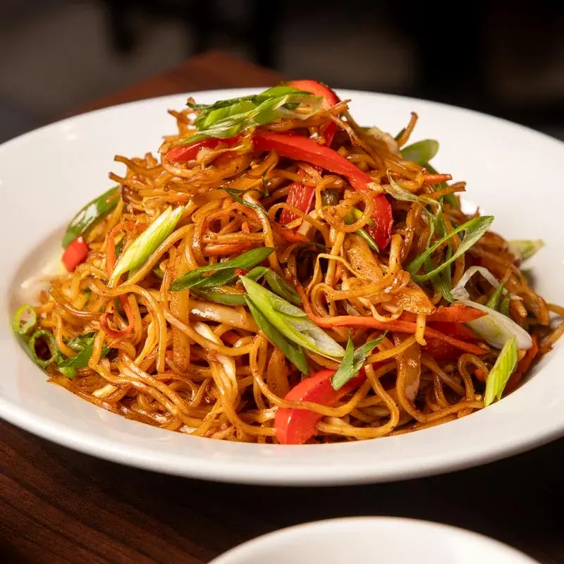 Veg Hakka Noodles with peppers and spring onions