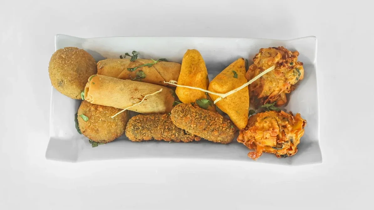 An assorted platter of savoury Indian appetizers